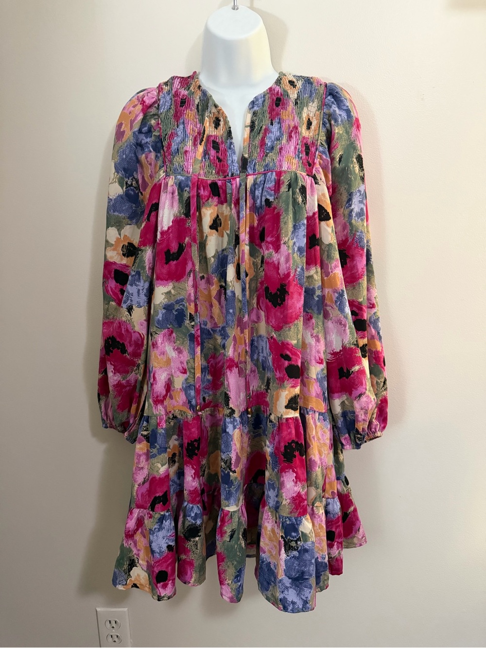 entro Floral Tiered Long Sleeve Dress - Pink Multi